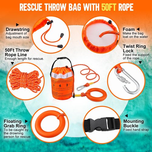 Water Rescue Throw Bag with 50FT Rope in 3/10In, Throwable Floating Device Tensile Strength Rated to 1844lbs with Reflective Strap, Emergency Safety Equipment for Kayaking, Boating, Fishing, Rafting