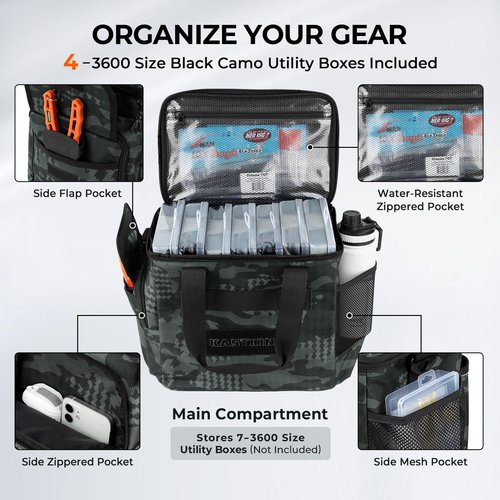 KastKing BaitSpace Fishing Tackle Bag With 4 Tackle Boxes & Removable Bait Binder, Water-Resistant Tackle Storage, Durable Fishing Gear, Adjustable Shoulder Strap