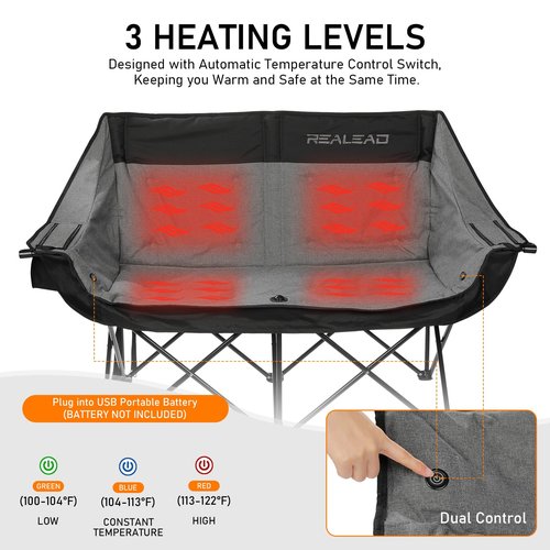 REALEAD Heated Double Camping Chair, 3 Heat Levels and 4 Heating Zones, Portable Heated Loveseat Chair for Outdoor Sports Support 650lbs, Heating Folding Chairs for Outside, Battery NOT Included