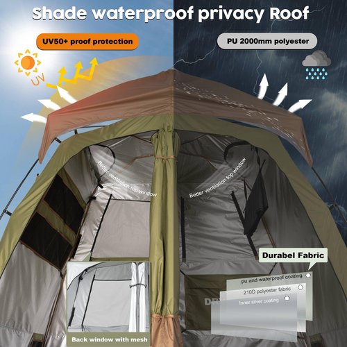 Portable Camping Shower Tent Deluxe Changing Room Easy Set Up Privacy Shelter,Large Toilet Tent 2 Rooms with Floor Drain Design for Beach, Camping,Hiking with Stakes and Ropes for Stability