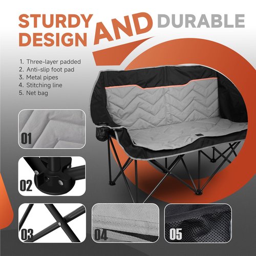 VAGANTH Double Camping Chair Oversized Padded Camping Sofa for 2 Person, Foldable Loveseat with Dual Cup Holders & Wine Glass Holders, Double Folding Chair Camping Couch for Beach, RV, Patio, Black
