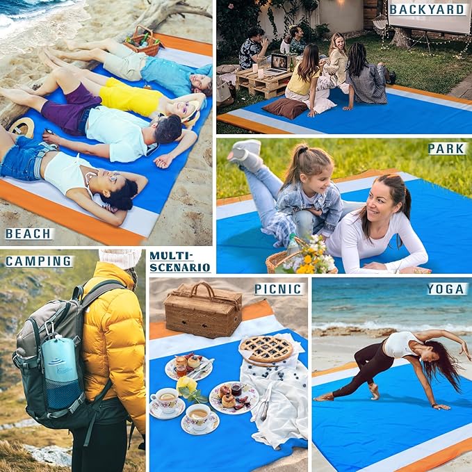 Beach Blanket Sandproof Waterproof 10'ร9' 1-8 Adults Oversized,Compact Lightweight Durable Beach Mat for Travel Camping Hiking Picnic Blanket