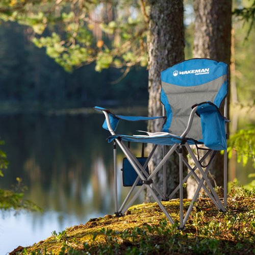 Wakeman Outdoors Oversized Camping Chair 300lbs - Heavy Duty Folding Chair with Cooler Pouch and Carry Bag for Camp Sites, Tailgates, or Beach (Blue)