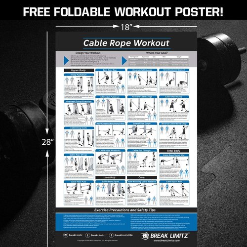 Blue Tricep Rope Pull Down & Poster Set | 27 or 36 Inch Heavy Duty Nylon Rope, Chrome Cable Attachment | Professional or Home Gyms | Includes Workout Poster, Snap Hook, Bag