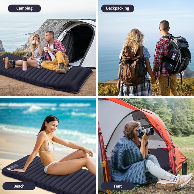 Extra Thick 4 Inch Camping Sleeping Pad, Splicable Ultralight Sleeping Pad with Pillow, Built-in Foot Pump, Lightweight Sleeping Mat for Camping Backpacking, Hiking, Tent
