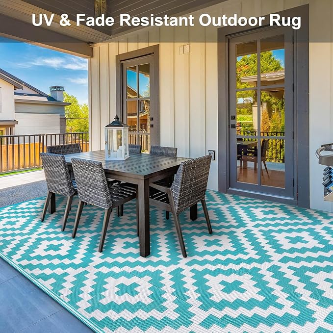 Outdoor Patio Plastic Straw Rug - 9'x12' Outdoor Camping Rug Waterproof Reversible, Area Carpet Patios Clearance RV, Outside Porch Balcony Deck for Camper, Blue & White