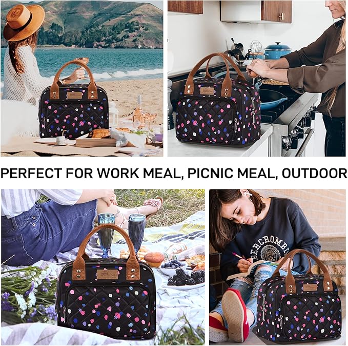 Buringer HOMESPON Lunch Bag for Woman Man Adults with Front Pocket Insulated Lunch Tote Lunch Box Container for Work Picnic or Travel(Multi Dots)