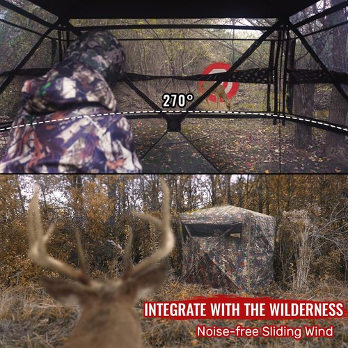 Zoebruzer Pop-Up Hunting Blind with Seat & Carrying Bag, 2-3 Person 300D Ground Blind, 270° View Portable Camo Tent for Deer & Turkey Hunting, Durable & Lightweight Design