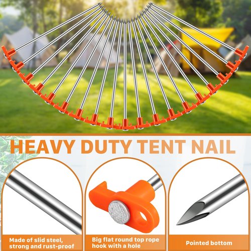 Yihurlm 20 Pack Tent Stakes,10Inch Heavy Duty Ground Stakes,Non-Rust Metal Tent Pegs,Steel Tent Stakes Tent Spikes for Outdoor Camping Garden Camping Family Tent,with 2 Pcs 10FT Ropes(Orange)