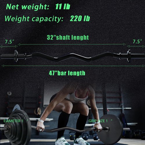 47" EZ Curl Bar Weight Lifting Bar 1-inch Curling Bars for Weight lifting with 2 Star Collars Star-nuts (220lb Weight Capacity) for Hip Thrusts Squats Lunges for Gym and Home