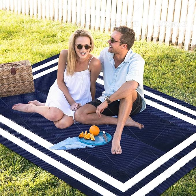 9'x 12' Outdoor Rug,Waterproof Reversible Patio Rugs,9x12 ft Plastic Straw Outdoor Carpet Foldable Plastic Camping Mat for Outside RV, Patio,Picnic,Camper,Balcony,Porch(Navy Blue &White)