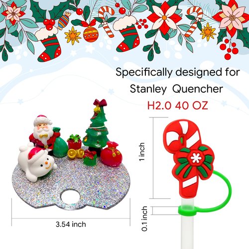 VRHGL Accessories Compatible with Stanley Cup Lid, Silicone Candy Cane Christmas Straw Toppers,Christmas Accessories for Stanley Cup H2.0,Stanley Holiday Lid Accessories 40 OZ, Xmas Gift for Kids