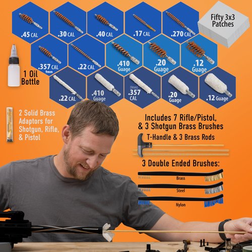 Wild Shot Deluxe Gun Cleaning/Gunsmithing Kit - Aluminum Bullet-Shaped Storage Case, Brass Rods, Wire Brushes, Mops, Adaptors, Slotted Patch Holders, Patches, Brush, Cleaning Pick, Empty Oil Bottle