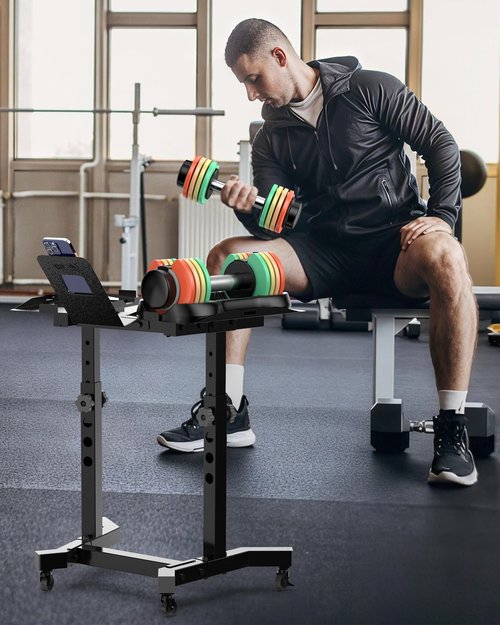 Adjustable Dumbbell Stand - Uboway Weight Stand with 4 Level Height Adjustment, Dumbbell Weight Rack with Tablet Holder and Durable Casters, Weight Holder for Adjustable Dumbbell Set, 2025 Upgrade Design (Bonus Foot Pads)