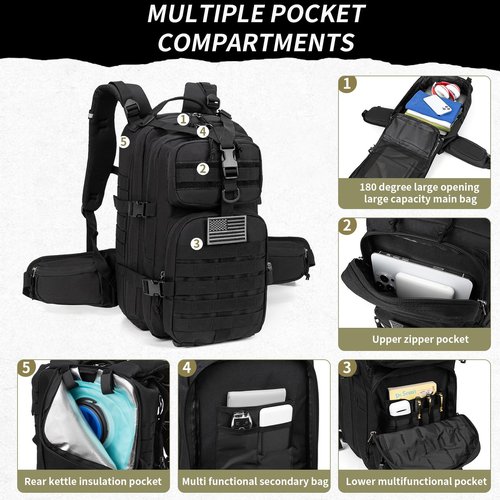 CAREYSTEN Tactical backpack, assault bag, hydration backpack, men's military enthusiast camping backpack, 3-day bag(Black)