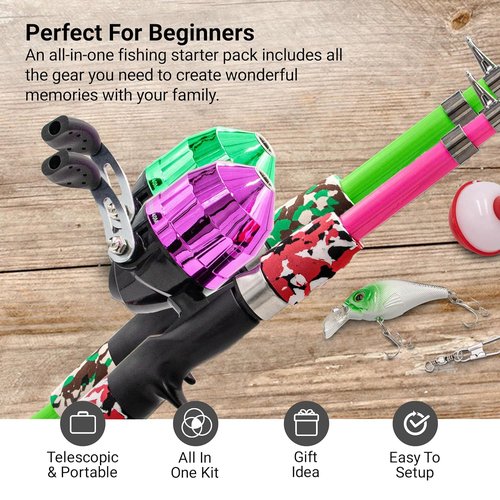 Lanaak 2 Pack Kids Telescopic Fishing Pole, Kids Portable Fishing Rod Set, Tackle Box and Fishing Net Combo Kit, Kids Fishing Gear for Boys and Girls Age 5-10 and Youth – Green and Pink