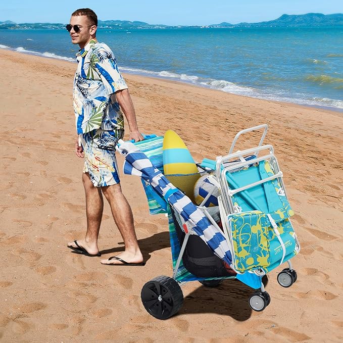 Beach Cart with Big Wheels for Sand, Collapsible All-Terrain Beach Wagon with Cooler Bag & Umbrella Holder, Large Mesh Storage, Supports 100lbs for Camping, Outdoor, Shopping, Blue