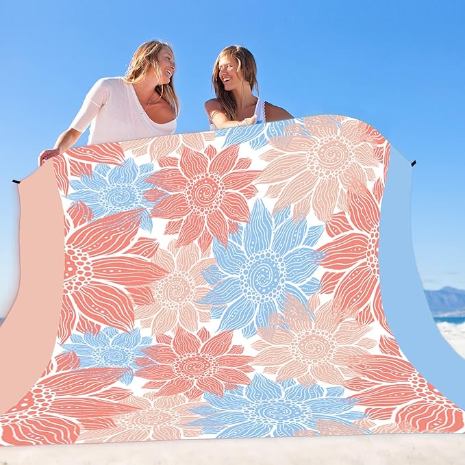 Beach Blanket Sandproof Extra Large Beach Mat Adults Waterproof Quick Drying Sand Free Mat Made by Premium Polyester with 4 Stakes & 4 Corner Pockets for Outdoor Travel Camping Hiking