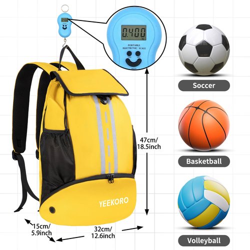 YEEKORO Soccer Backpack Multifunctional Sport Gym Bags Lightweight Soccer Bag with Shoe Compartment for Football Basketball Volleyball(Basic Model,Yellow)