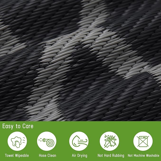 Easy-Going Reversible Outdoor Rugs 6x9ft Waterproof Plastic Straw Rug Stain & UV Resistant Floor Mat for Patio Porch RV Backyard Pool Deck Picnic Beach Trailer Camping (Moroccan Black & Grey)