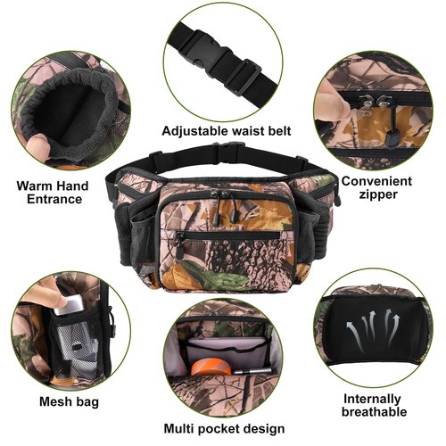RunNico Hunting Camo Fanny Pack, Waterproof Camouflage Waist Pack Bags with Handwarmer and Adjustable Belt, Lightweight Hunting Waist Pouch Bag for Winter Outdoor Hiking Climbing Fishing Accessories