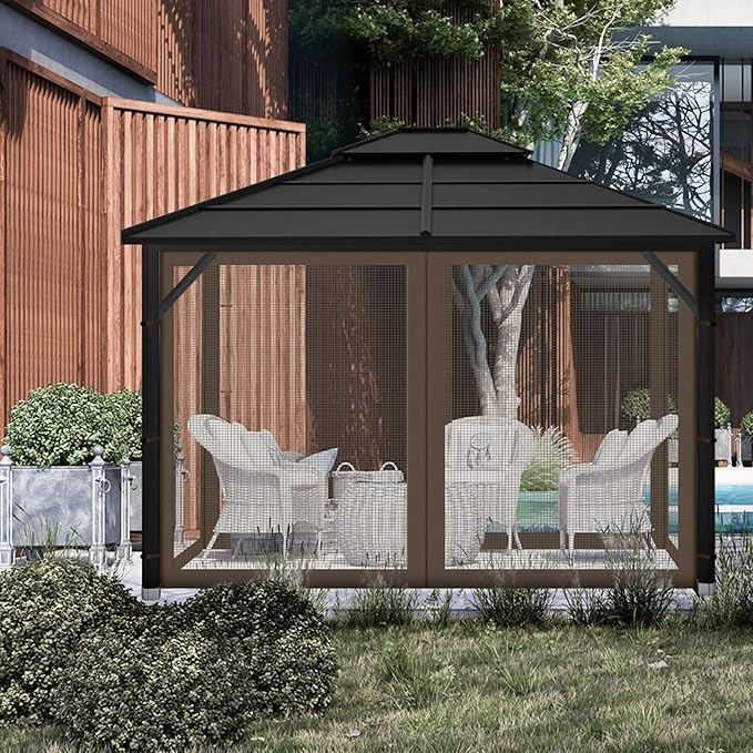 Gazebo Replacement Mosquito Netting Outdoor Universal Gazebo Canopy 4-Panels Screen Sidewalls with Zipper for Patio Garden Yard Backyard (Mosquito Net Only) (10x10, Coffee)