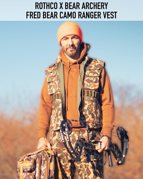 Rothco X Bear Archery Fred Bear Camo Ranger Vest – Tactical Vest with 10 Utility Pockets - Small