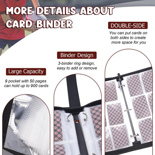 Football Card Binder 900 Pocket, HYMENEX Trading Card Binder 9 Pockets with 50 Removable Sleeves Baseball Card Binder Sports Card Binder with Zipper for Football Card Trading Card Standard Size Card