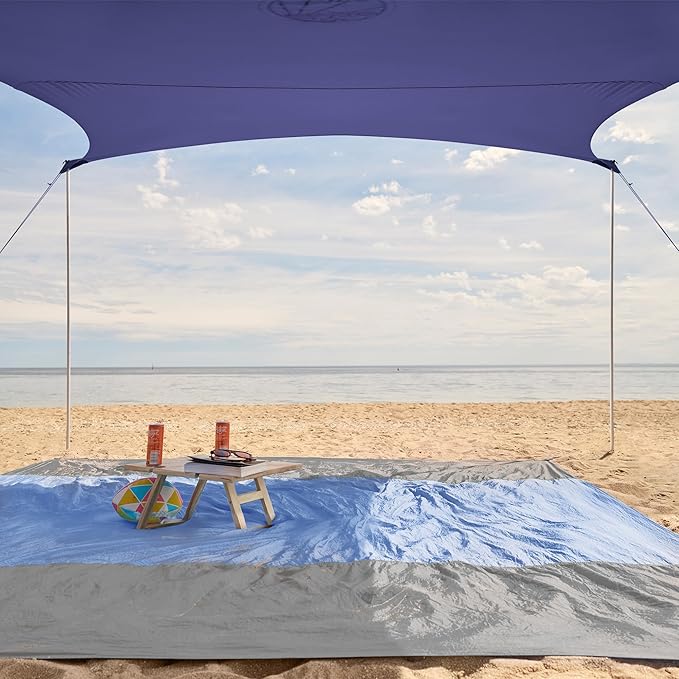 WEKAPO Beach Tent Sun Shelter - Easy Setup Beach Canopy with 4 Sturdy Poles, Large Sandbags and Shovel, 7'1'' Tall, Windproof Sun Shade for Backyard and Camping, UPF 50+ Protection