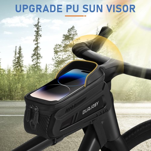 Burjosy Bike Phone Front Frame Bag, Waterproof Bike Phone Holder Bag with TPU Touch-Screen & Sun-Visor, Bike Bag Accessories Compatible Phone Under 7”