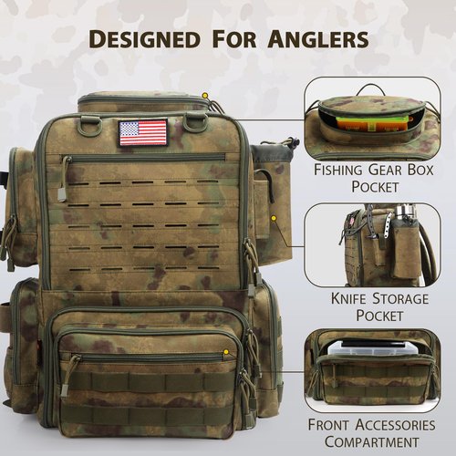 FunVZU Fishing Backpack, Fishing Tackle Backpack with Rod Holders for 4 Boxes (Box Not Included) 45L Waterproof Fishing Gear, Ideal for Men and Women Tackle Box Bag (Forest Green Camo)