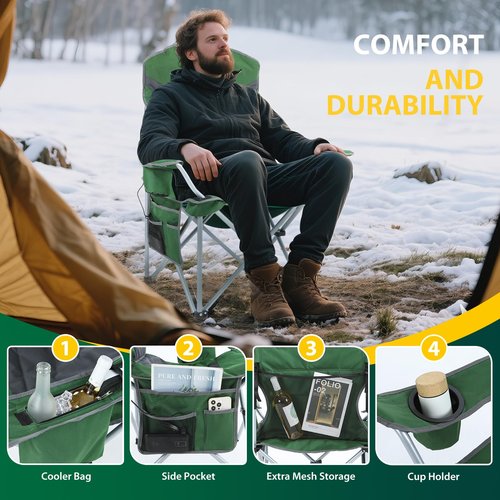 Nice C Heated Camping Chair with Battery, Heated Outdoor Sports Chair, Folding Chairs, with Cooler Bag, Cup Holder, Carry Bag, 10000 mAh Power Bank Included (Green&Grey 1-P)