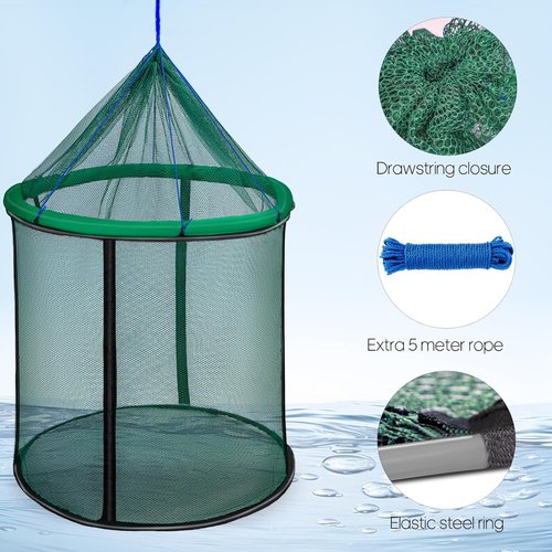 QualyQualy Extra Large Floating Fish Basket for Live Well, Fully Foldable Fishing Net Holder Collapsible Mesh Fishing Holder Cage for Caught Fish Bucket