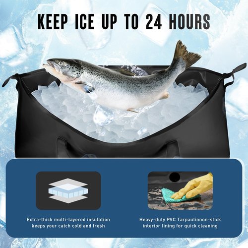 RANDUN Insulated Fish Cooler Bag for Fishing Kill Bag Leakproof Fishing Cooler Bags Waterproof - 40.1"X16.5" Fish Bags for Caught Fish Keep Ice Cold for Over 24 Hours - Black