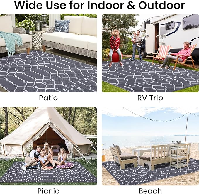 Smiry Outdoor Rug 9x12 ft, Waterproof Reversible Plastic Straw Rugs, Boho Outdoor Area Rug, Outside Floor Mat for Patio, Backyard, Deck, Picnic, Beach, Camping, Grey