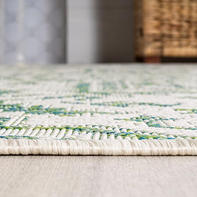 JONATHAN Y SMB105G-28 Estrella Bohemian Medallion Textured Weave Indoor Outdoor Runner Rug, Coastal,Traditional,Transitional Easy Clean,Bedroom,Kitchen,Backyard,Patio, Non-Shed, Green/Cream, 2 X 8