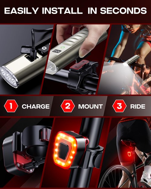 USB Rechargeable Bike Lights Set, Bicycle Lights Front and Rear for Night Riding, Bike Accessories for Road Mountain Cycling