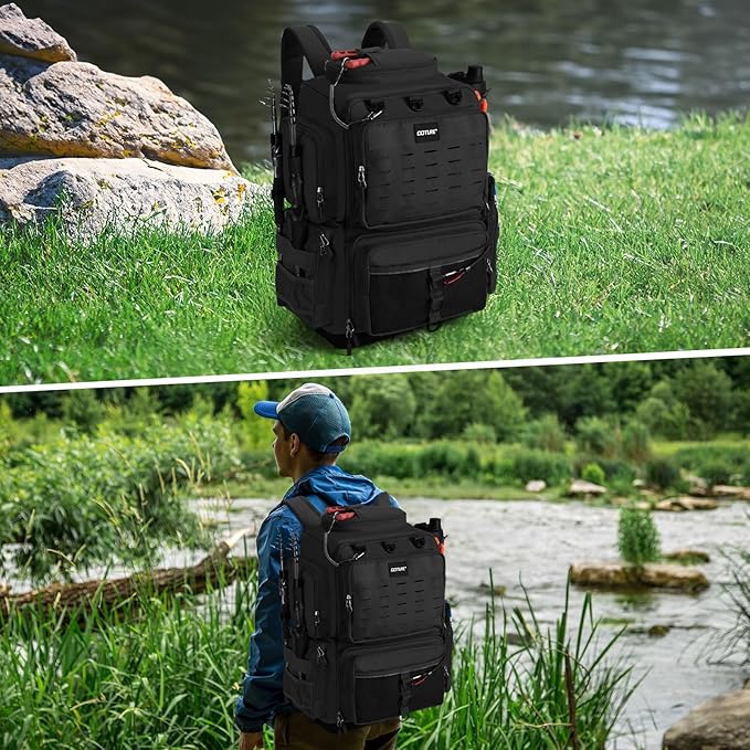 Goture IPX EVA Bottom Fishing Tackle Bag with Rod Holder, Waterproof 600D Fishing Backpack with 8 Lure Pockets & Rain Cover