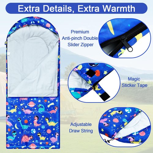 Camping Sleeping Bag for Kids 3 Season Warm Cool Cold Weather Waterproof Sleeping Sack for Boy Girl with Carry Bag Adult Travelling Outdoor Camping Gear Equipment(Space Dinosaur,Blue)