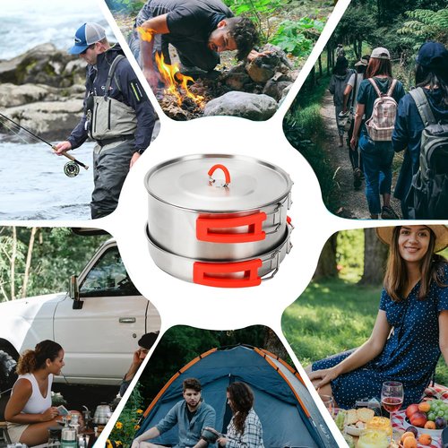Camping Cooking Set,Camping Cookware Set,304 Stainless Steel Camping Pots and Pans Set, Includes Pot Nonstick Frying Pan Kettle in Mesh Bag for Hiking Outdoor Cooking Backpacking for 1-2 People