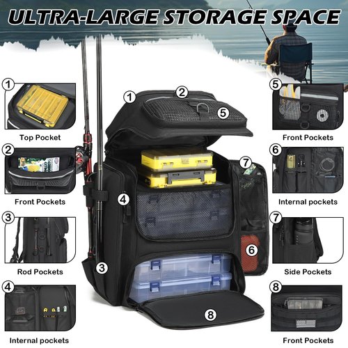 SLINRKE Fishing Backpack with Rod Holders - 45L Large Water-resistant Fishing Tackle Bag for Outdoor Camping Hiking Gear and Equipment, Bag Only (Black)