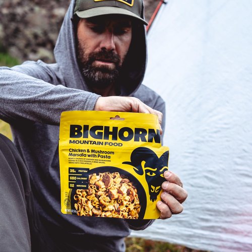 BIGHORN Mountain Food Chicken and Mushroom Marsala with Noodles - contains 6 packs | 12 servings | 210g Protein | 4,080 Calories - premium freeze dried meals for backpacking food - dehydrated camping food for backpacking meals - ideal camping meals - just
