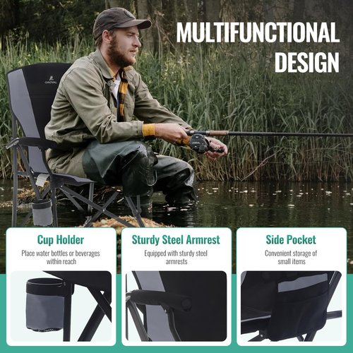 QAOYAL Camping Chairs for Adults, Heavy Duty Support 300 LBS Lawn Folding Chairs with Side Pocket & Cup Holder, for Camping, Fishing, Sports Event (Black&Grey)