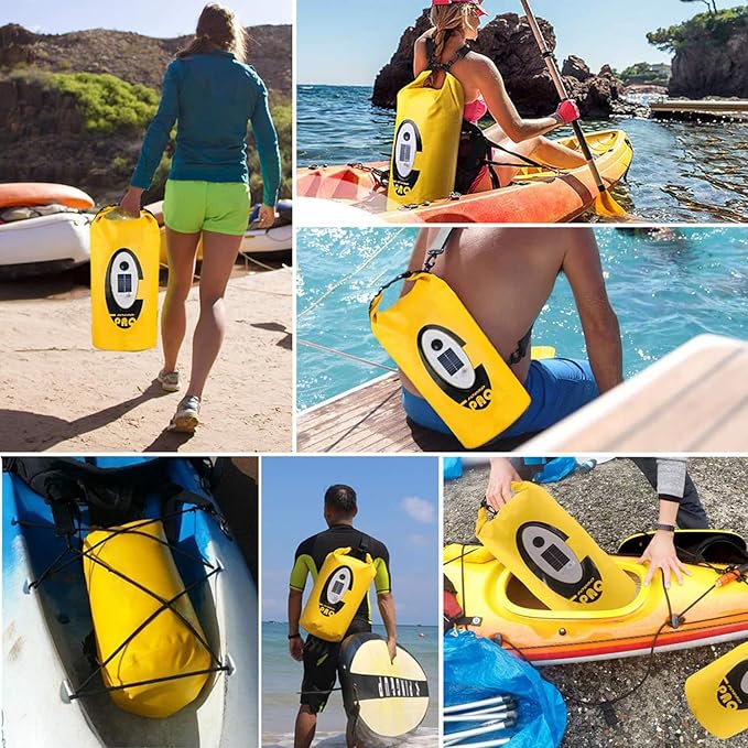 Solar Dry Bag Backpack 10L,Built-in Bluetooth Speaker & LED(4 Lighting Modes),Solar or USB Rechargeable,IP66 Waterproof Floating