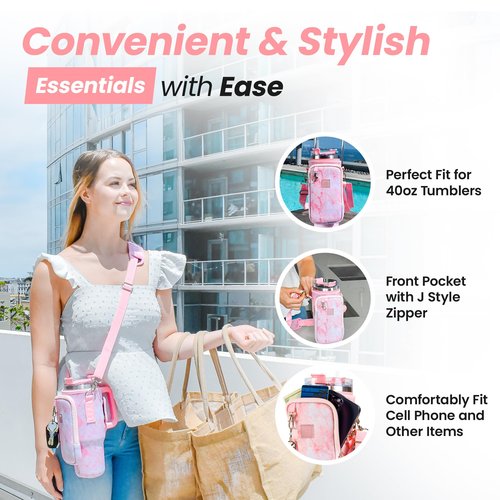 Made Easy Kit Tumbler Cup Carrier w/Handle Opening for 40oz Bottles - Cell Phone Sized Pocket & Adjustable Padded Shoulder Strap - Metal Hardware, Key Hook (Pink Marble, Tall Large)