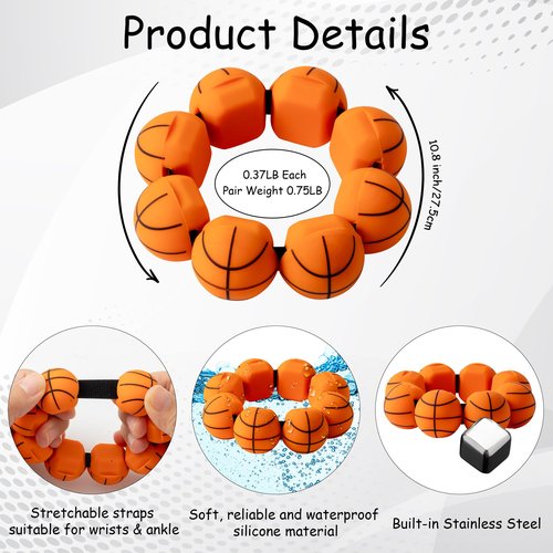 GQIRIL Wrist Ankle Weights for Women - Set of 2 (0.37 lb Each) Wearable Waterproof Training Weighted Bracelets, Silicone Strength Workout Bangles for Walking Running Pilates Aerobics (Basketball)