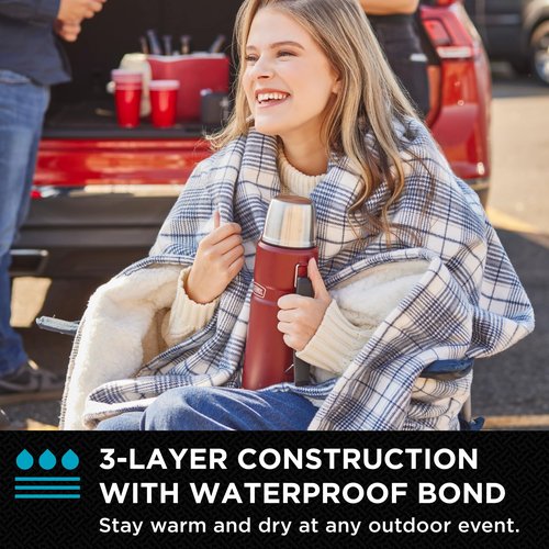 Brookstone Elite Stadium Blanket – Oversized Waterproof Outdoor Blanket 70'' x 60'' - Brushed Flannel & Sherpa, Portable w/Carry Bag, Machine Washable for Tailgating, Sports Events, Fire Pits – Blue