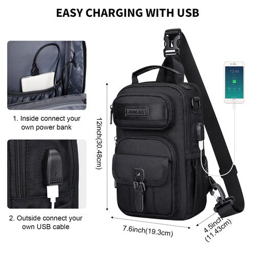 WITZMAN Sling Bag for Men Convertible Travel Sling Backpack USB Charging Port Lightweight Crossbody Bags Casual Daypack(B698 Black)