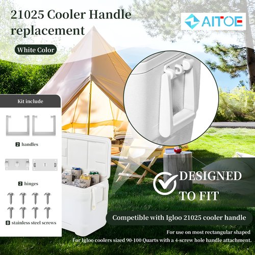 ZAITOE 2 Pack - Cooler Handle Replacement Kit Compatible with 21025 Ig-loo Cooler Replacement Handles,Fit for 90-100 Quart Cooler Handle with Screws,Includes 2 Swing-up 4 Hole Handle and 8 Screws
