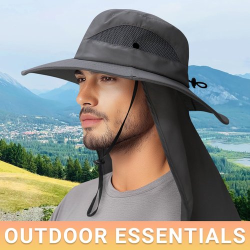 PFFY Sun Bucket Hats for Men Women 3” Wide Brim UPF 50+ Fishing & Beach Hat Darkgray (with Neck Flap)